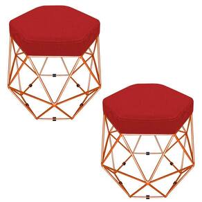 Kit 02 Puffs Banco Aramado Hexagonal Bronze Suede Vermelho