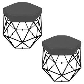 Kit 02 Puffs Banco Aramado Hexagonal Preta Suede Cinza