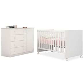 Quarto De Bebê Cômoda Helena E Berço Doce Sonho Branco