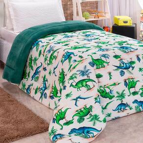 Coberdrom Fantasy Dinossauro Solteiro Dupla Face Manta Soft Com Malha 100% Algodão - Verde