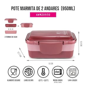 Pote Marmita De 2 Andares 950ml Concept Rosa