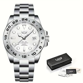 Relógio Masculinos Lige, Moda à Prova D`água Com Data Luminosa, Relógio De Quartzo Em Aço Inoxidável Branco