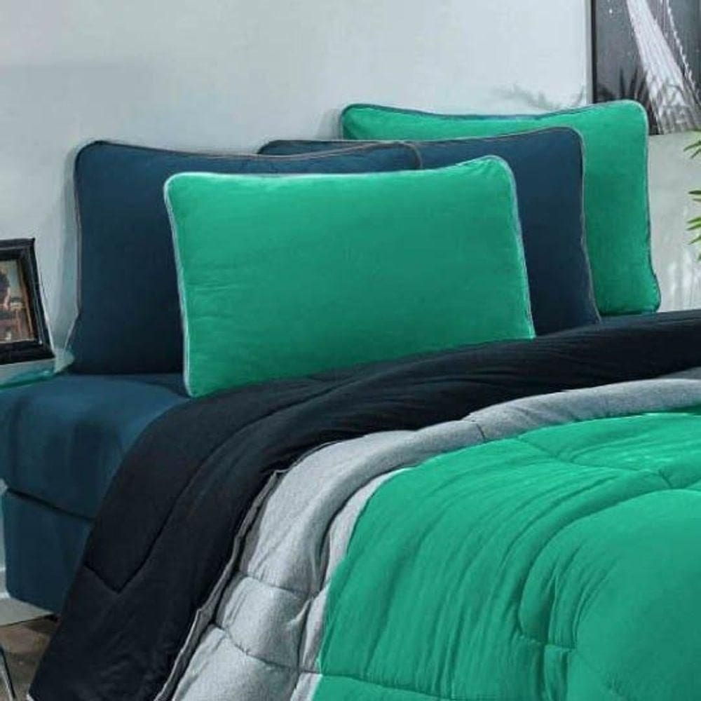 Edredom Malha 100% Algodão Urbano 1 Peça Casal - Verde Jade-mescla-preto
