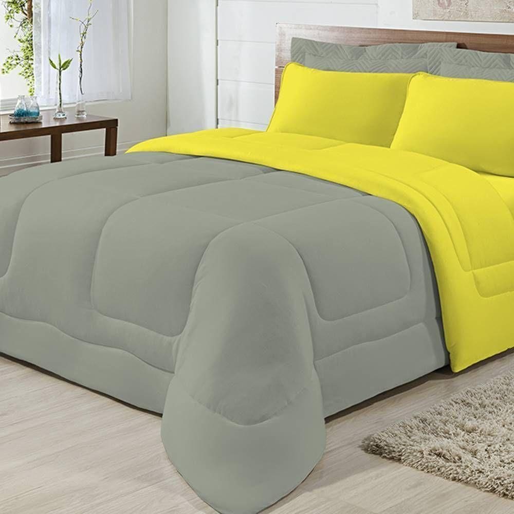 Edredom Dupla Face 100% Algodão Malha Solteiro Gran Moratta 01 Peça - Cinza- Amarelo