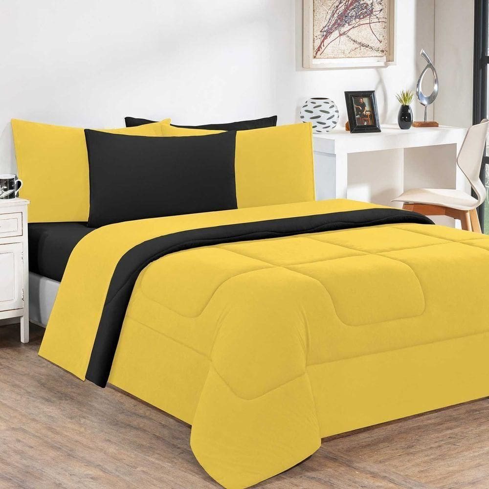Kit Edredom Malha 100% Algodão Gran Moratta 3 Peças Queen - Amarelo-preto