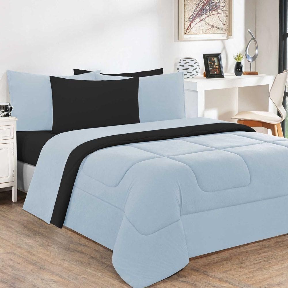 Kit Edredom Malha 100% Algodão Gran Moratta 2 Peças Solteiro - Azul Bebê-preto