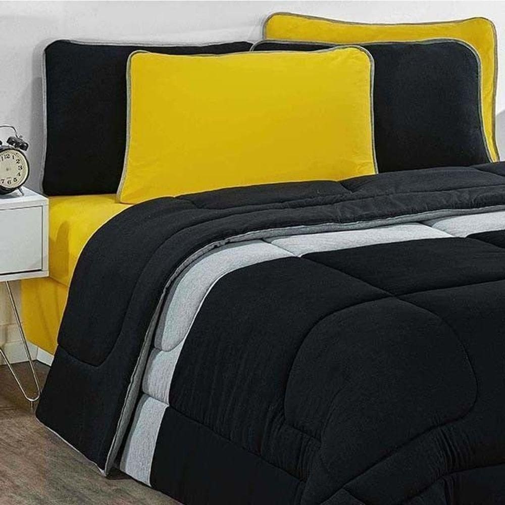Edredom Malha 100% Algodão Urbano 1 Peça Casal - Preto-mescla-preto