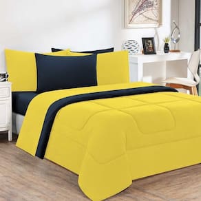 Kit Edredom Malha 100% Algodão Gran Moratta 3 Peças Queen - Amarelo-azul Marinho