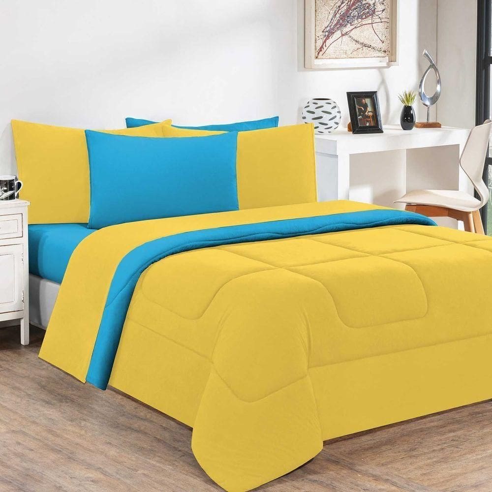 Edredom Malha 100% Algodão Gran Moratta 1 Peça King - Amarelo-azul Turquesa