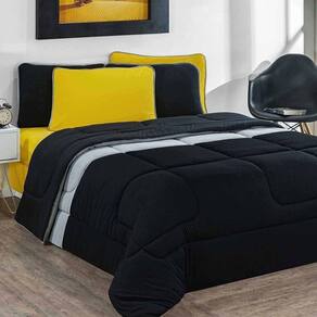 Kit Edredom Malha 100% Algodão Urbano 3 Peças Casal - Preto-mescla-preto
