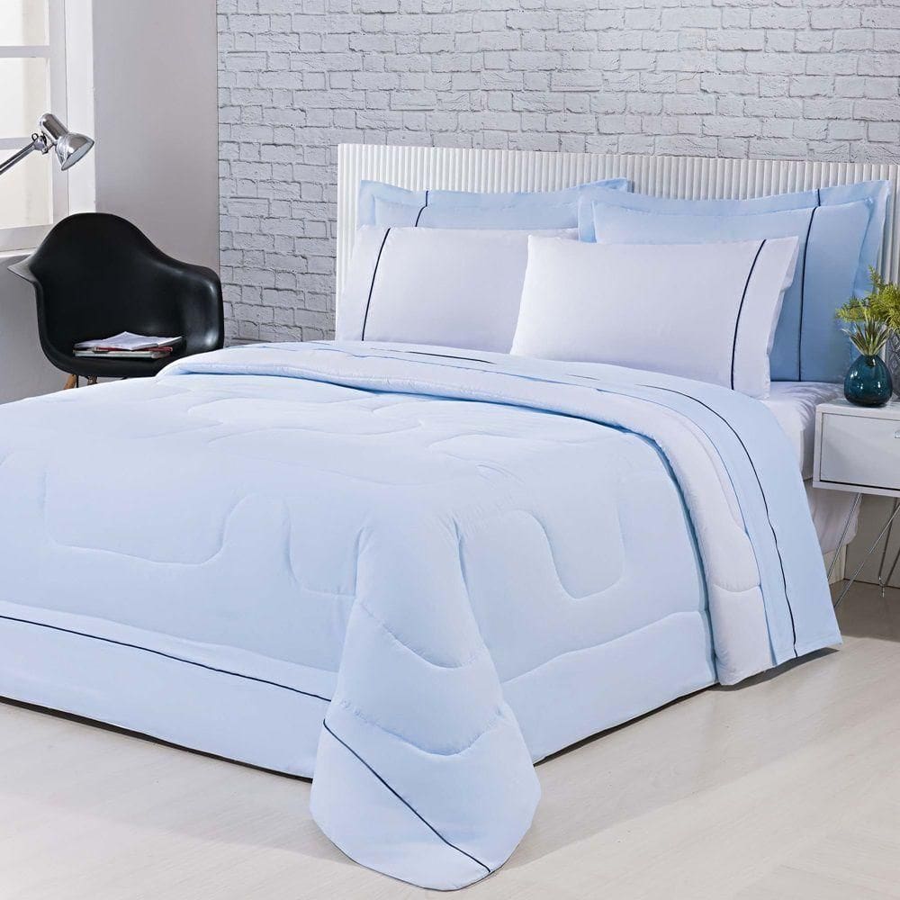 Kit Edredom 100% Algodão Percal 150 Fios Dupla Face Solteiro + Jogo De Cama 5 Peças - Azul-branco