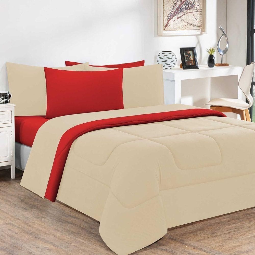 Kit Edredom Malha 100% Algodão Gran Moratta 3 Peças Casal - Palha -vermelho