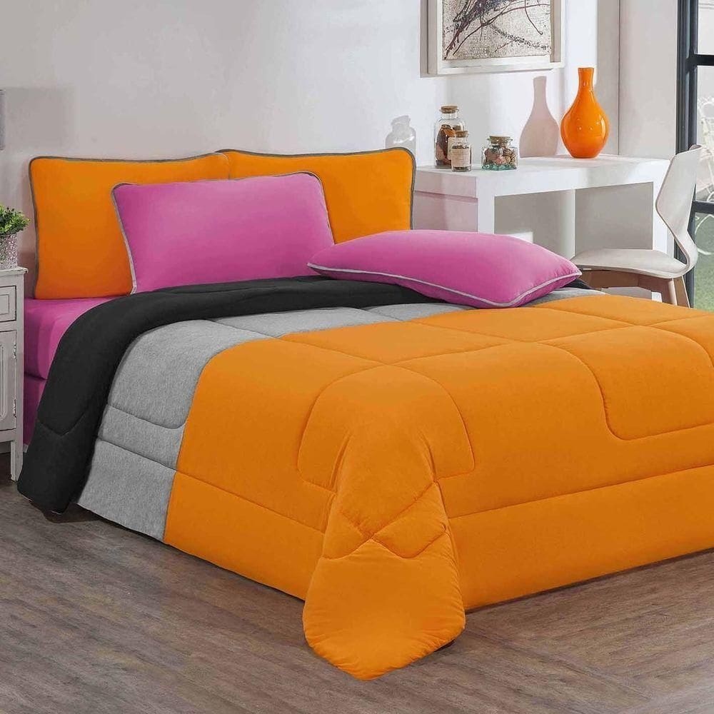 Kit Edredom Malha 100% Algodão Urbano 3 Peças King - Laranja-mescla-preto