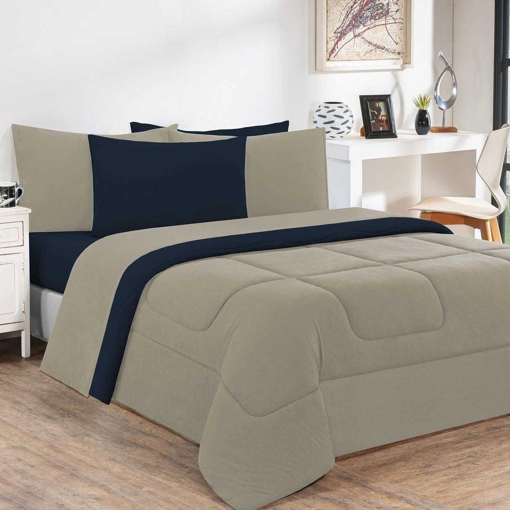 Edredom Malha 100% Algodão Gran Moratta 1 Peça Casal - Avelã-azul Marinho