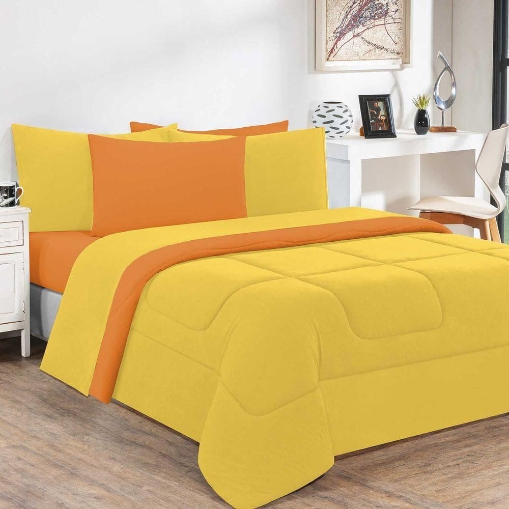 Kit Edredom Malha 100% Algodão Gran Moratta 3 Peças Queen - Amarelo-laranja