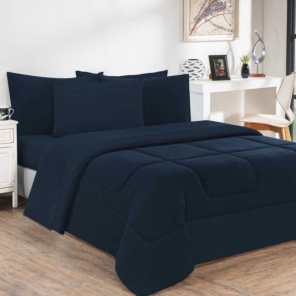 Edredom Malha 100% Algodão Gran Moratta 1 Peça King - Azul Marinho-azul Marinho