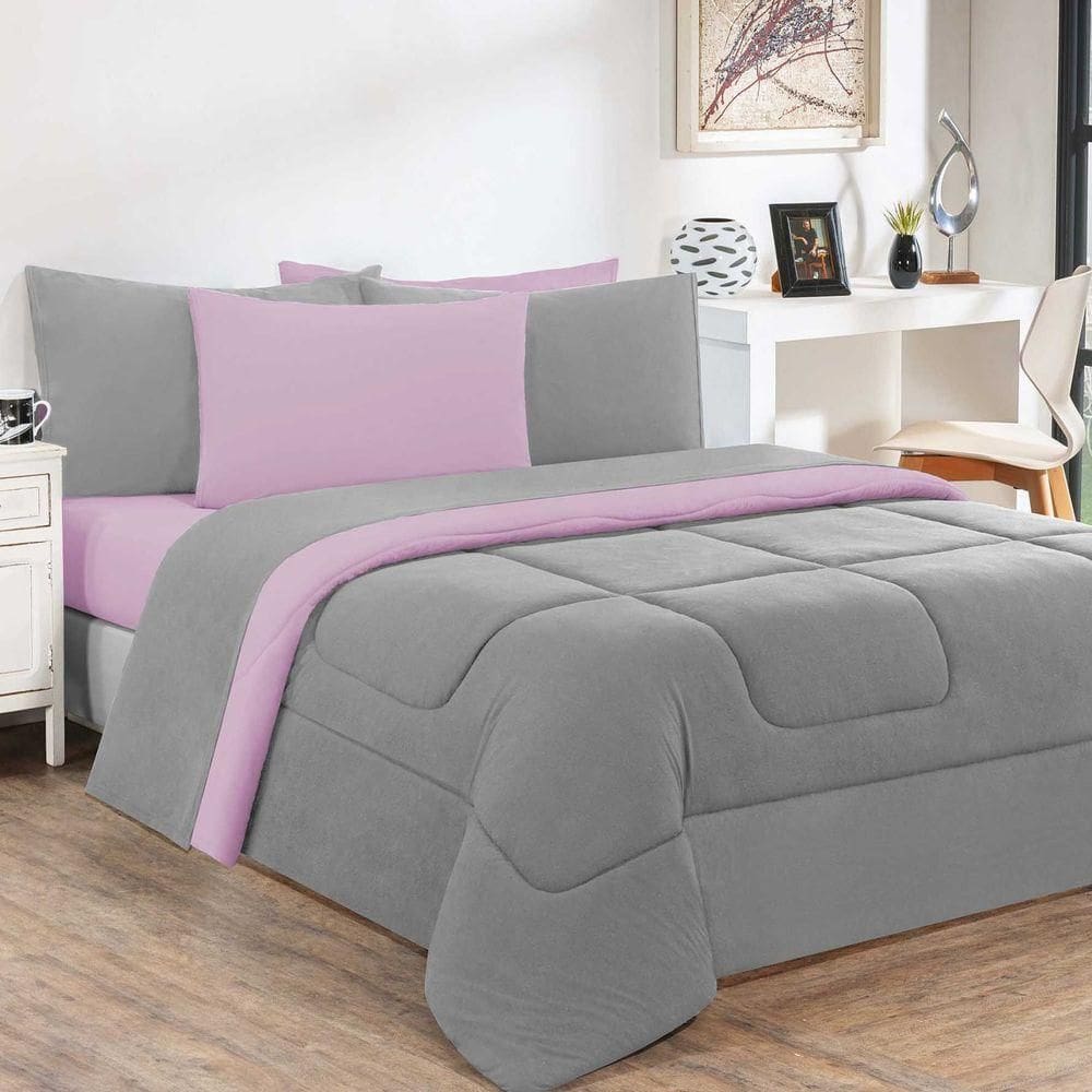 Kit Edredom Malha 100% Algodão Gran Moratta 3 Peças Queen - Cinza-rosa Bebê