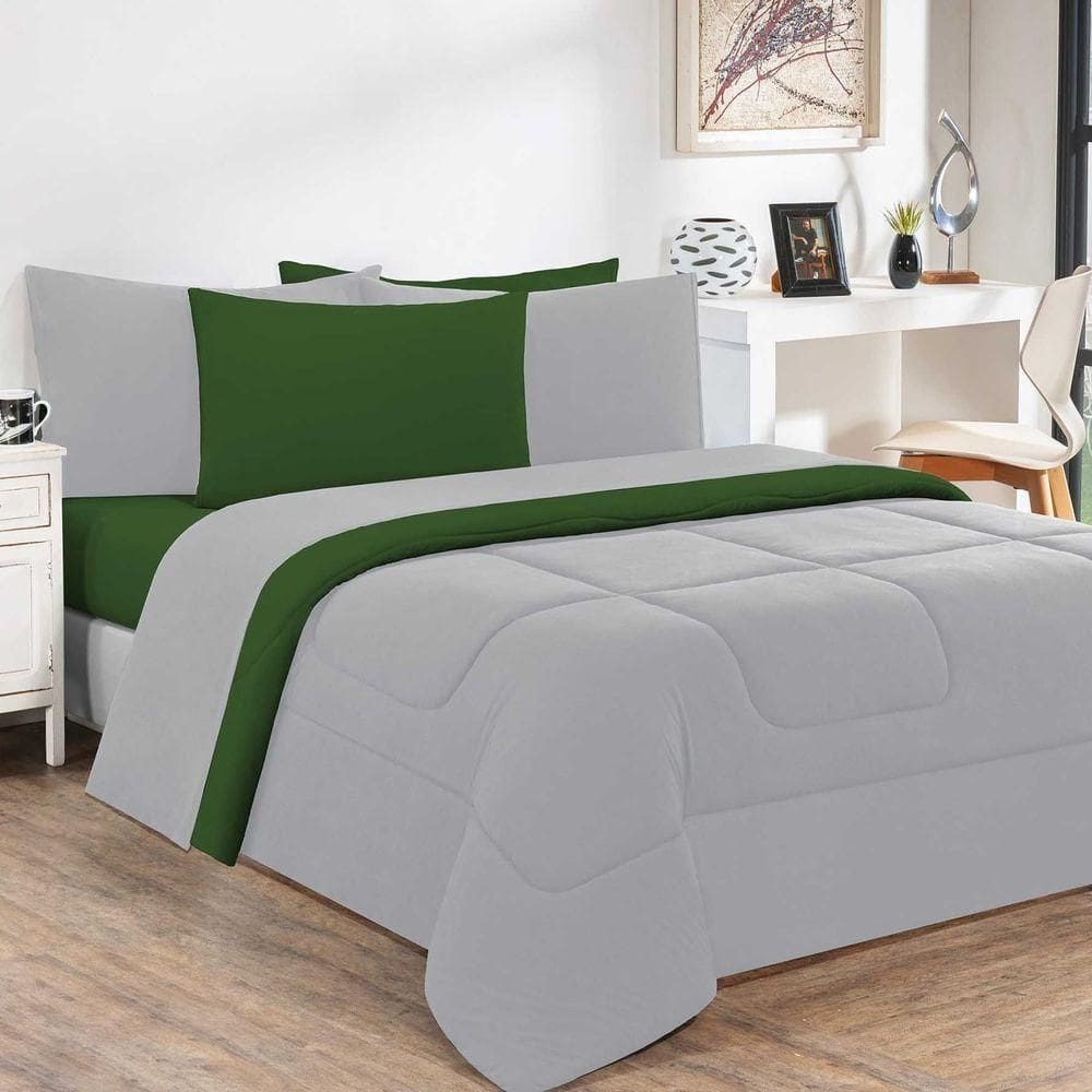Kit Edredom Malha 100% Algodão Gran Moratta 2 Peças Solteiro - Cinza-verde Bandeira
