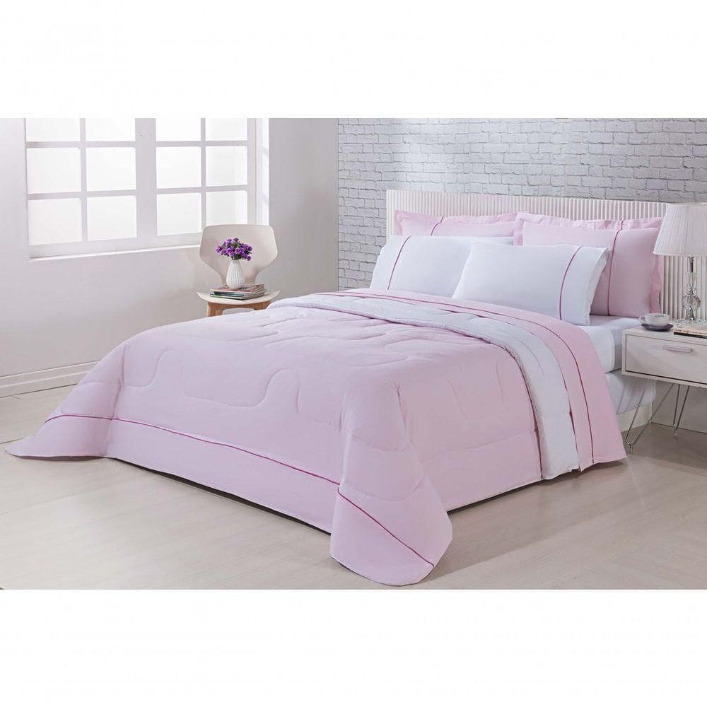 Kit Edredom 100% Algodão Percal 150 Fios Dupla Face Solteiro + Jogo De Cama 5 Peças Rosa-branco