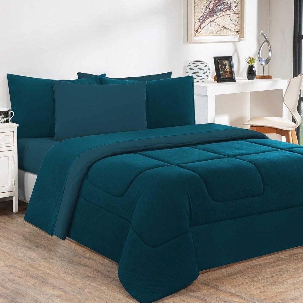 Edredom Malha 100% Algodão Gran Moratta 1 Peça Casal - Azul Petróleo-azul Petróleo