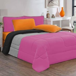 Kit Edredom Malha 100% Algodão Urbano 3 Peças Queen - Pink-mescla-preto