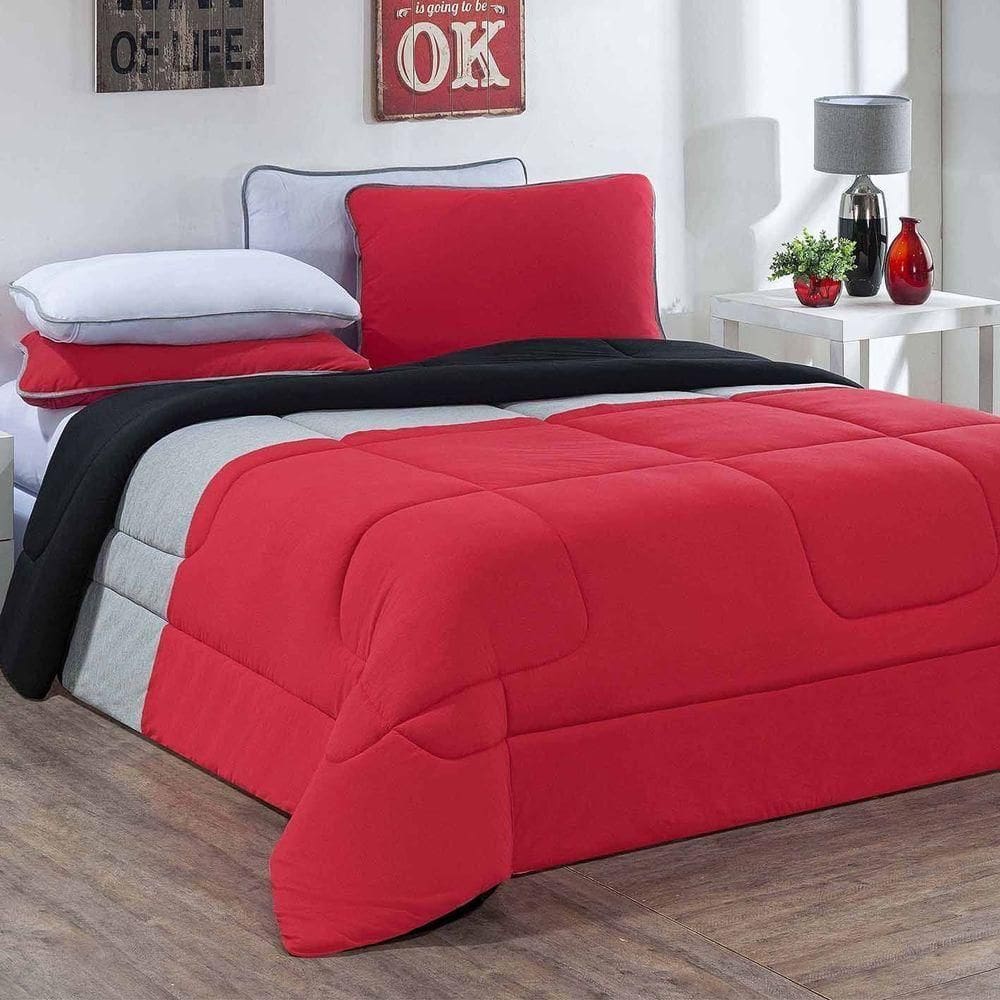 Edredom Malha 100% Algodão Urbano 1 Peça Solteiro - Vermelho-mescla-preto