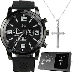 Relogio Masculino Preto Aço + Cordao Crucifixo Ajustavel Black Piano Qualidade Premium Social Prata