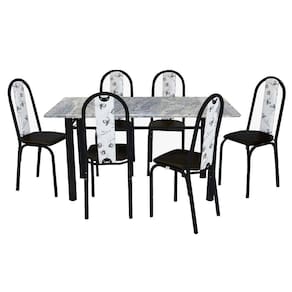 Conjunto De Mesa Michelly Com 06 Cadeiras 150x75cm Moura Preto Com Branco Floral