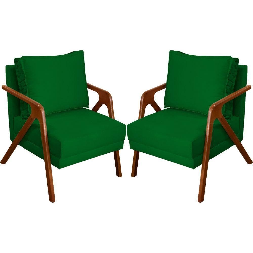Kit 2 Poltronas Decorativa Shine Pé Castanho - Verde Suede