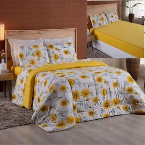 Coordenado Edredom Lençol Solteiro Malha Penteado Amarelo