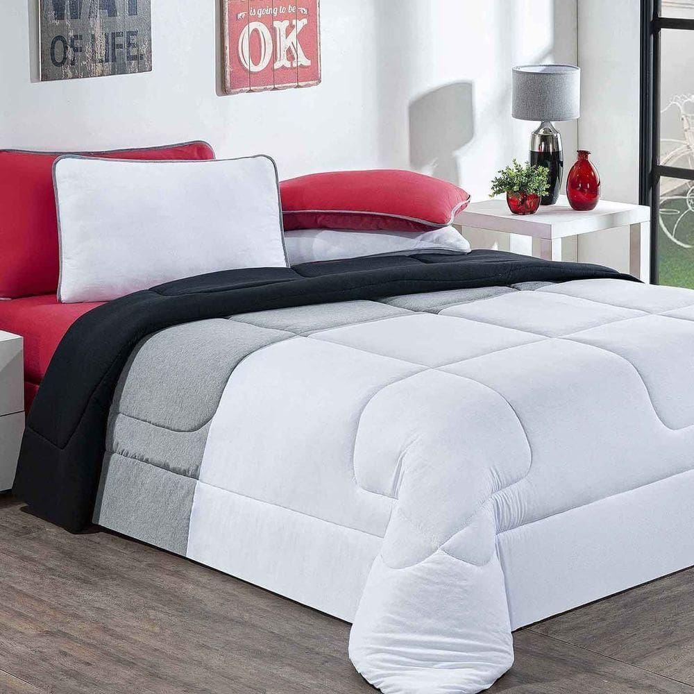 Kit Edredom Malha 100% Algodão Urbano 3 Peças Queen - Branco-mescla-preto