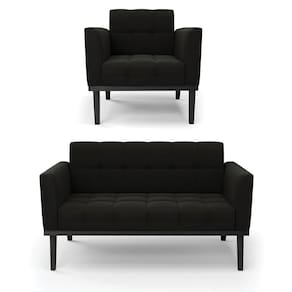 Sofá Namoradeira E Poltrona Base De Madeira Preto Elisa Suede D03 - D`rossi Cor Preto