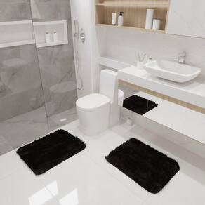 Kit Tapete Banheiro Felpudo Peludo Preto 40 X 60 Cm