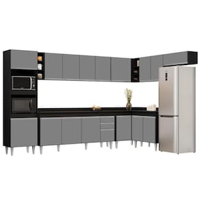Armário De Cozinha Modulada De Canto 9 Peças Cp05 Balcão Com Tampo Preto-cinza -
