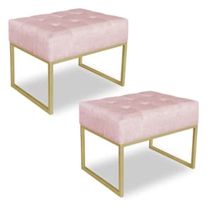 Kit 02 Puffs Lisa Suede Rosa Bebê Base Metálica Industrial Dourado