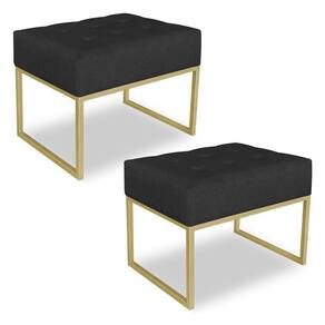 Kit 02 Puffs Lisa Suede Preto Base Metálica Industrial Dourado