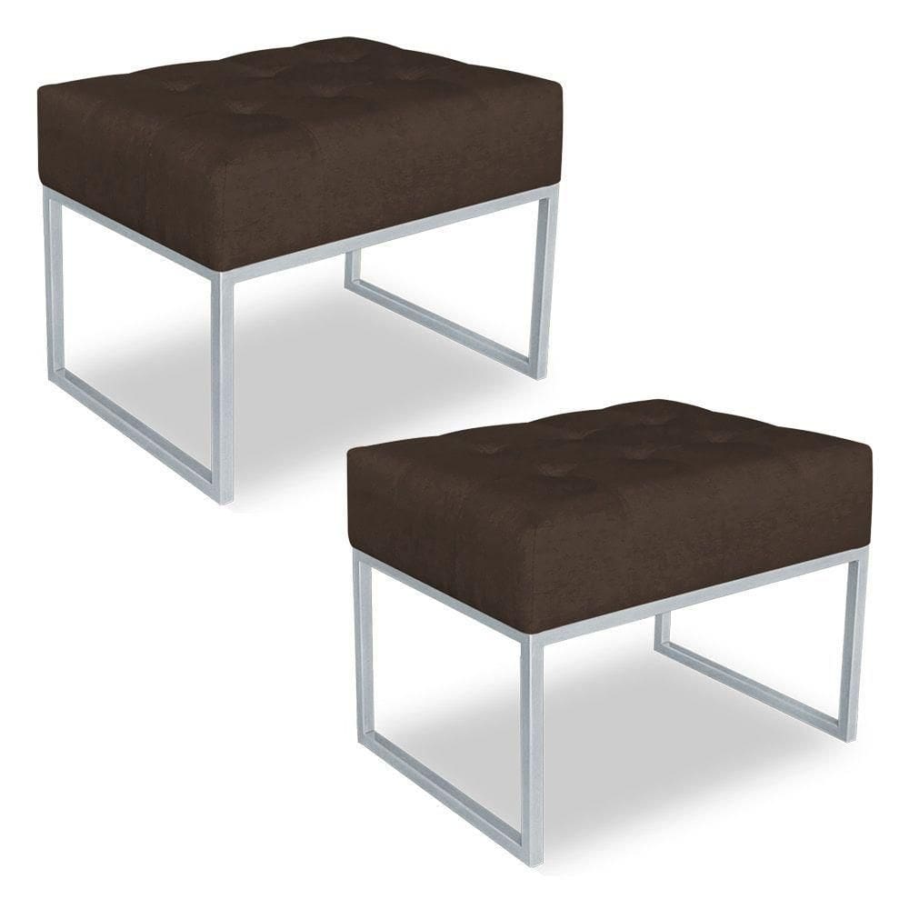 Kit 02 Puffs Lisa Suede Marrom Base Metálica Industrial Prata