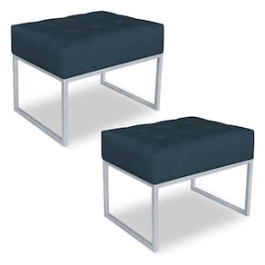 Kit 02 Puffs Lisa Suede Base Metálica Industrial Prata Azul Marinho