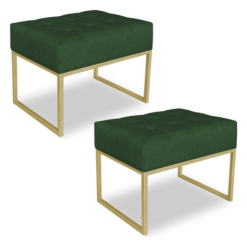 Kit 02 Puffs Lisa Suede Verde Base Metálica Industrial Dourado