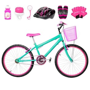 Bicicleta Feminina Aro 24 Alumínio Colorido + Kit Proteção Cor Verde água E Pink