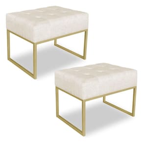 Kit 02 Puffs Lisa Linho Bege Base Metálica Industrial Dourado