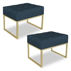Kit 02 Puffs Lisa Suede Base Metálica Industrial Dourado Azul Marinho