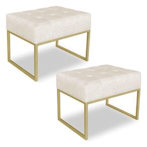 Kit 02 Puffs Lisa Linho Base Metálica Industrial Dourado Bege