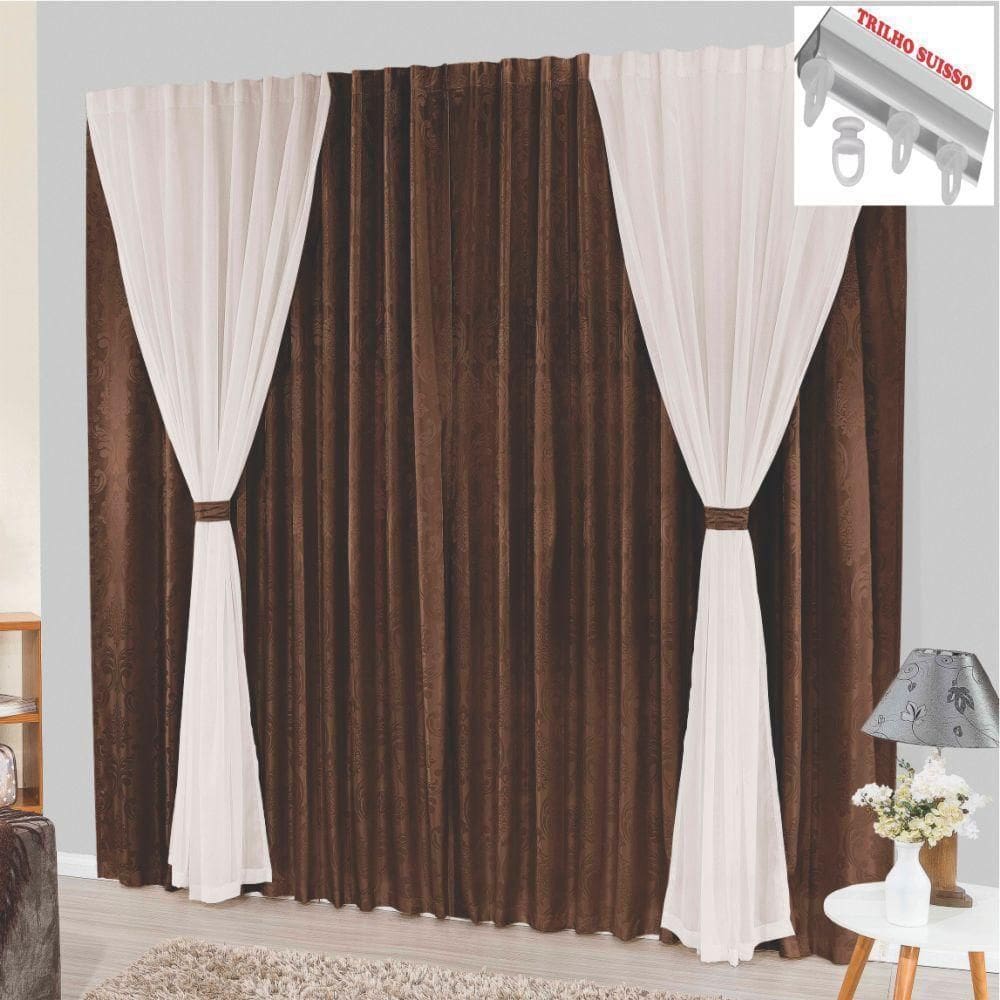 Cortina Bhaly Jacquard E Voal 3,00 X 2,50 Para Trilho Suisso - Tabaco