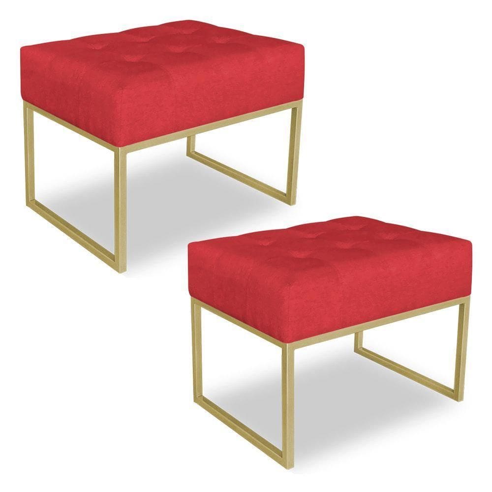 Kit 02 Puffs Lisa Suede Base Metálica Industrial Dourado Vermelho
