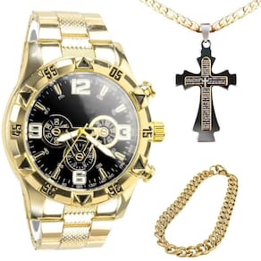 Relogio Masculino Banhado Aço + Corrente Grumet + Pulseira Social Qualidade Preto Presente