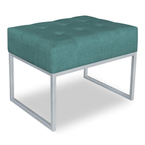 Puff Lisa Suede Azul Turquesa Base Metálica Industrial Prata