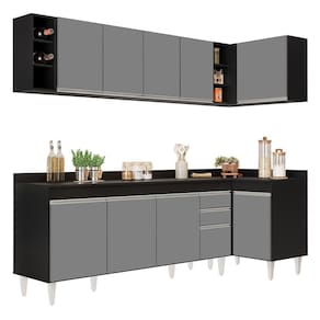 Armário De Cozinha Modulado De Canto Esquerdo 5 Peças Cp53 Balcão Com Tampo Preto-cinza - Lumil