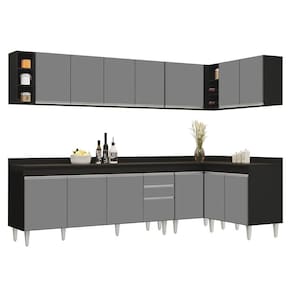 Armário De Cozinha Modulado De Canto 7 Peças Cp35 Balcão Com Tampo Preto-cinza - Lumil