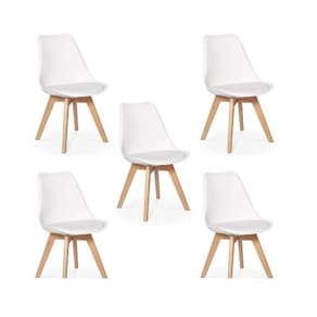 Conjunto C-5 Cadeiras Charles Eames Leda Saariem Design Wood Estofada Base Madeira - Branca